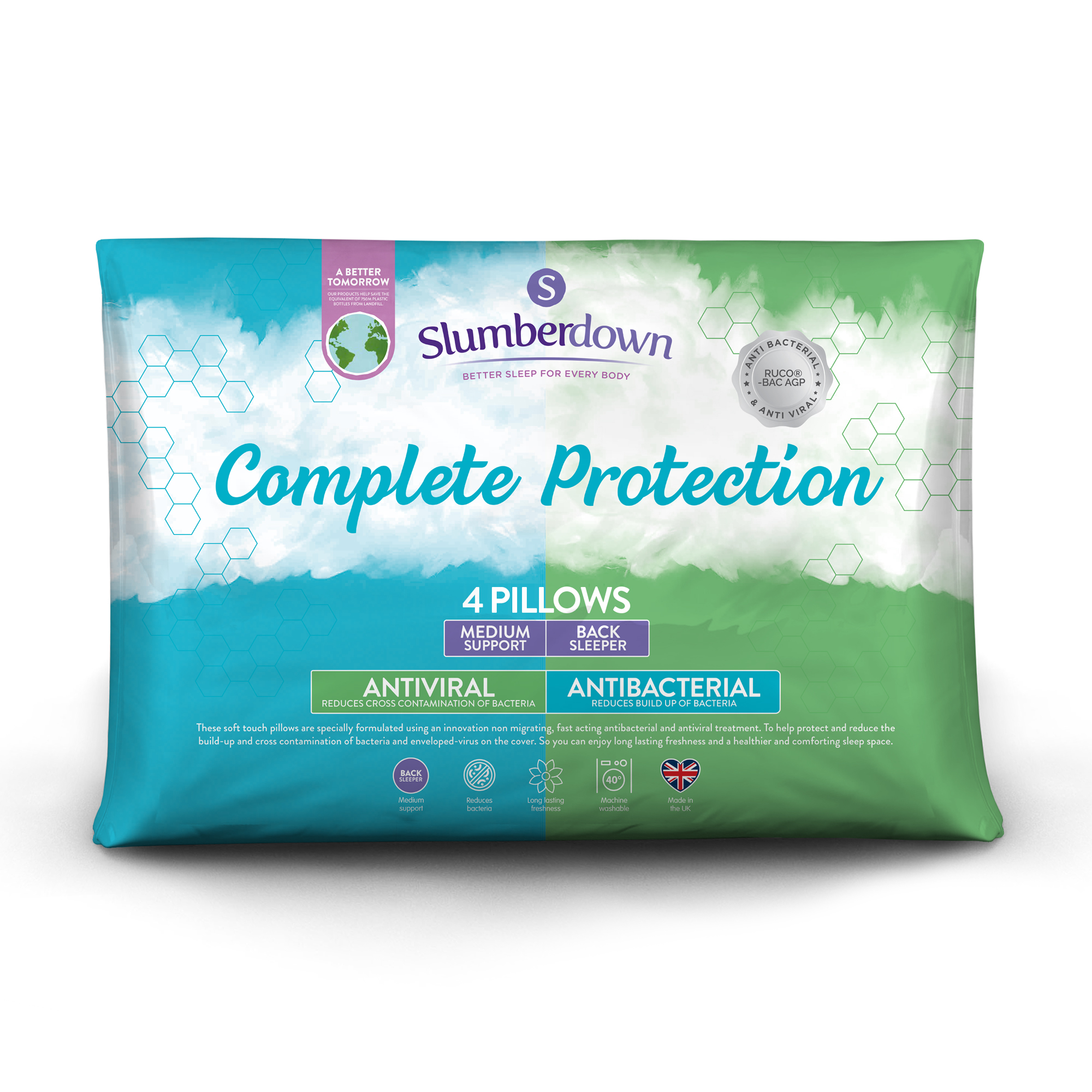 Slumberdown&#x20;Complete&#x20;Protection&#x20;Antiviral&#x20;Medium&#x20;Support&#x20;Back&#x20;Sleeper&#x20;Pillow,&#x20;4&#x20;Pack