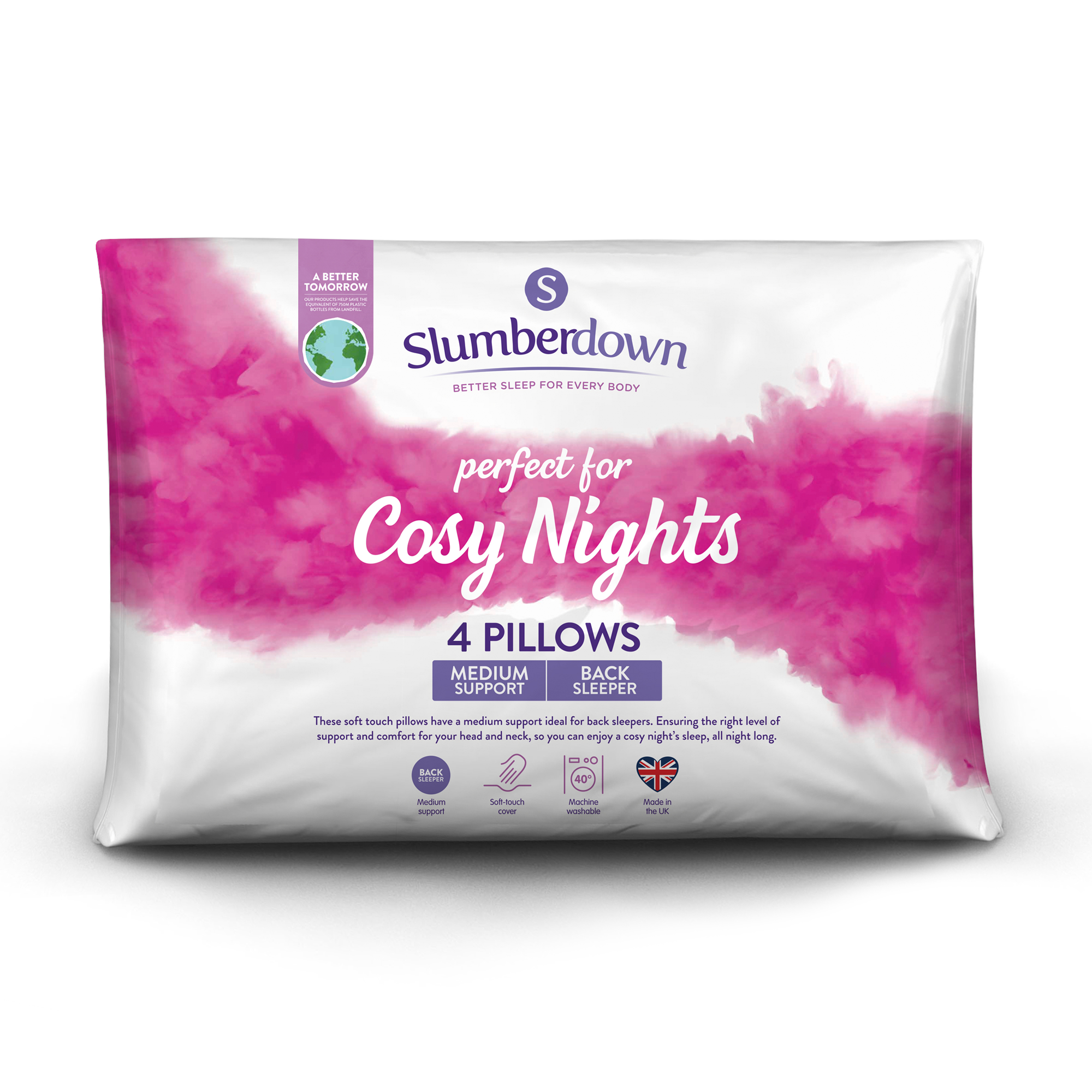 Slumberdown&#x20;Cosy&#x20;Nights&#x20;Medium&#x20;Support&#x20;Back&#x20;Sleeper&#x20;Pillow,&#x20;4&#x20;Pack