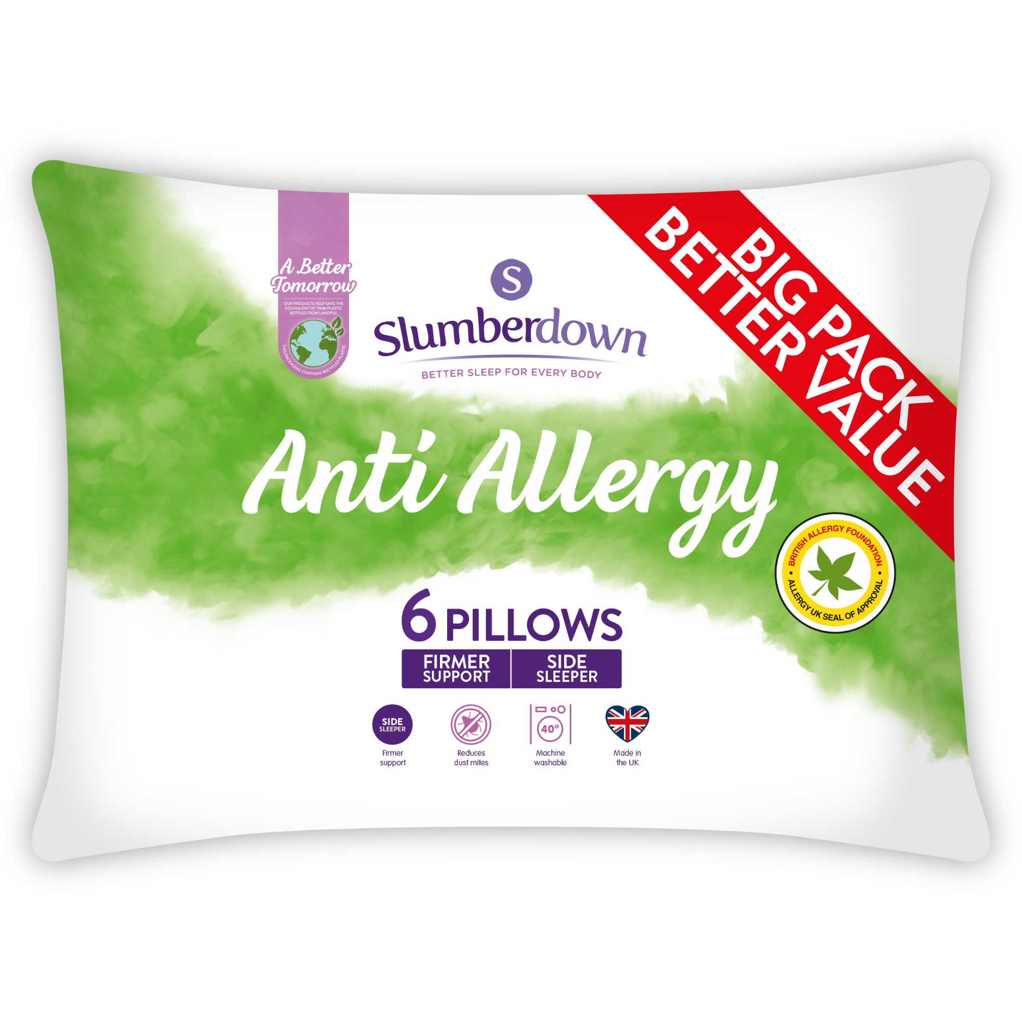 Slumberdown&#x20;Anti&#x20;Allergy&#x20;Firm&#x20;Pillow,&#x20;6&#x20;Pack