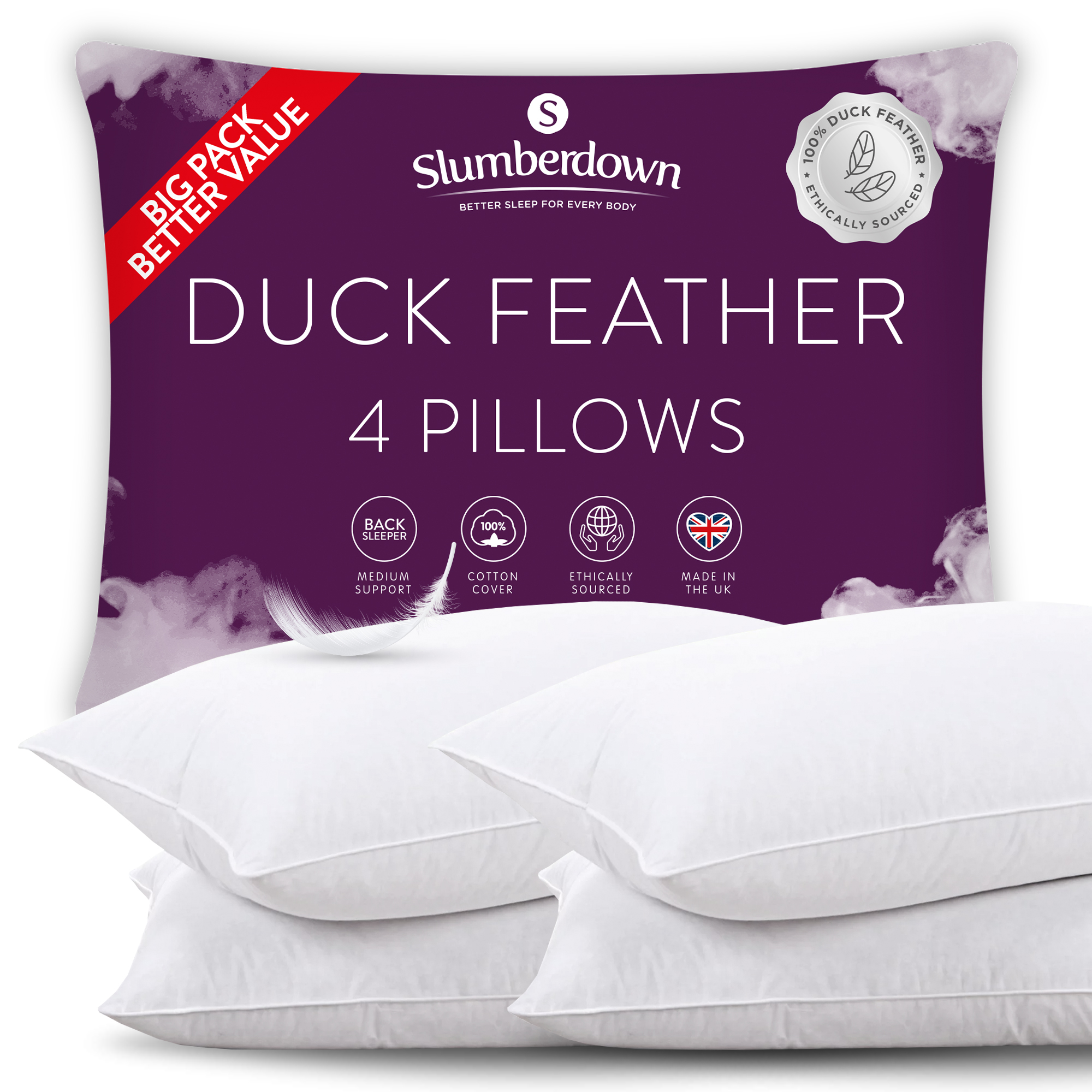 Slumberdown&#x20;Duck&#x20;Feather&#x20;Medium&#x20;Support&#x20;Back&#x20;Sleeper&#x20;Pillow,&#x20;4&#x20;Pack